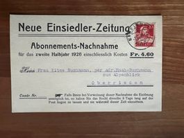 CH  Nachnahme mit Bahnstempel Samstagern  1926  (V960)