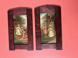 Bilderpaar Rokoko Damen im Garten, romantisch, 19. Jhdt.