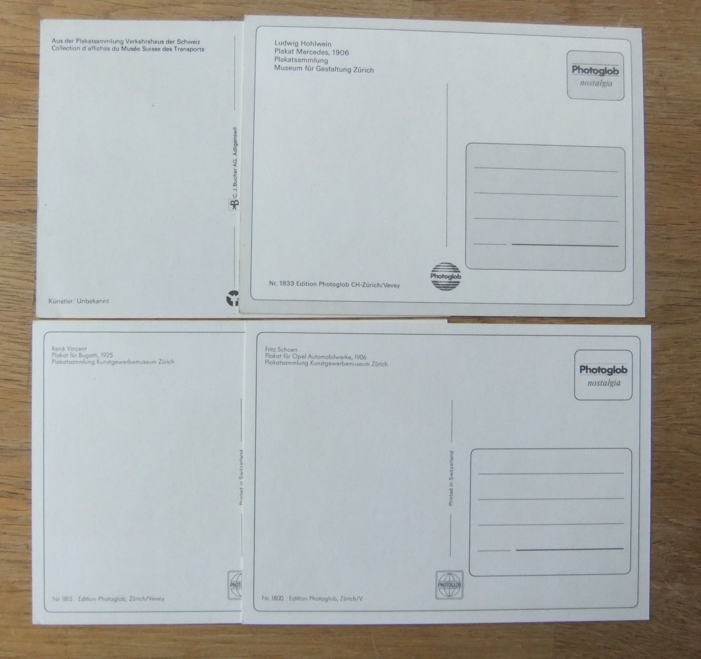 Ansichtskarten: 4 Plakatkarten Opel Mercedes Bugatti Fahrschule – Gebraucht aus St. Niklaus VS von wunschlos54 1