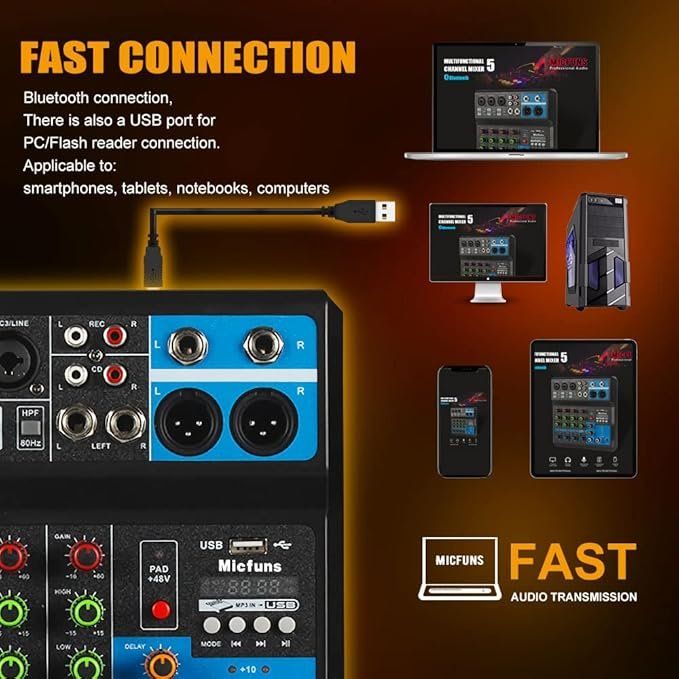 Mixer Audio DJ A 7 Canali - Con Bluetooth, USB, 48V Phantom, Per Studio, Live E KTV - Foto 2