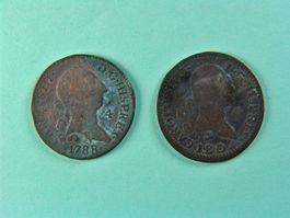 Zwei 4-Maravedis-Münzen Spanien, Carlos III und IV 1788/1802