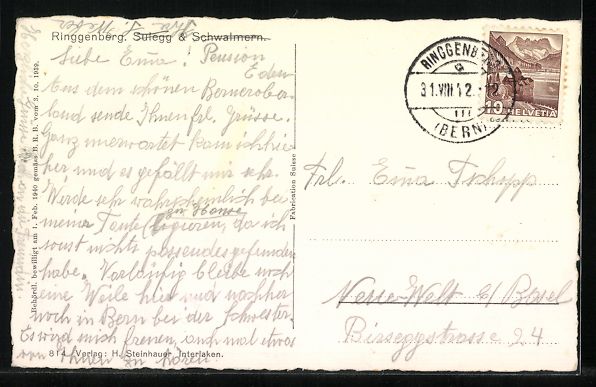 Cartoline postali: AK Ringgenberg, Sulegg, Schwalmern, 1912 – Usato da Berlin venduto da bartko-reher 1