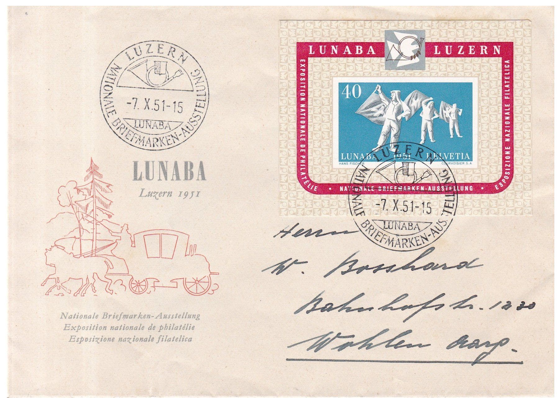 Tous les timbres: CH Brief von 1951 mit LUNABA Block – D'occasion à Münchwilen AG par Nesar