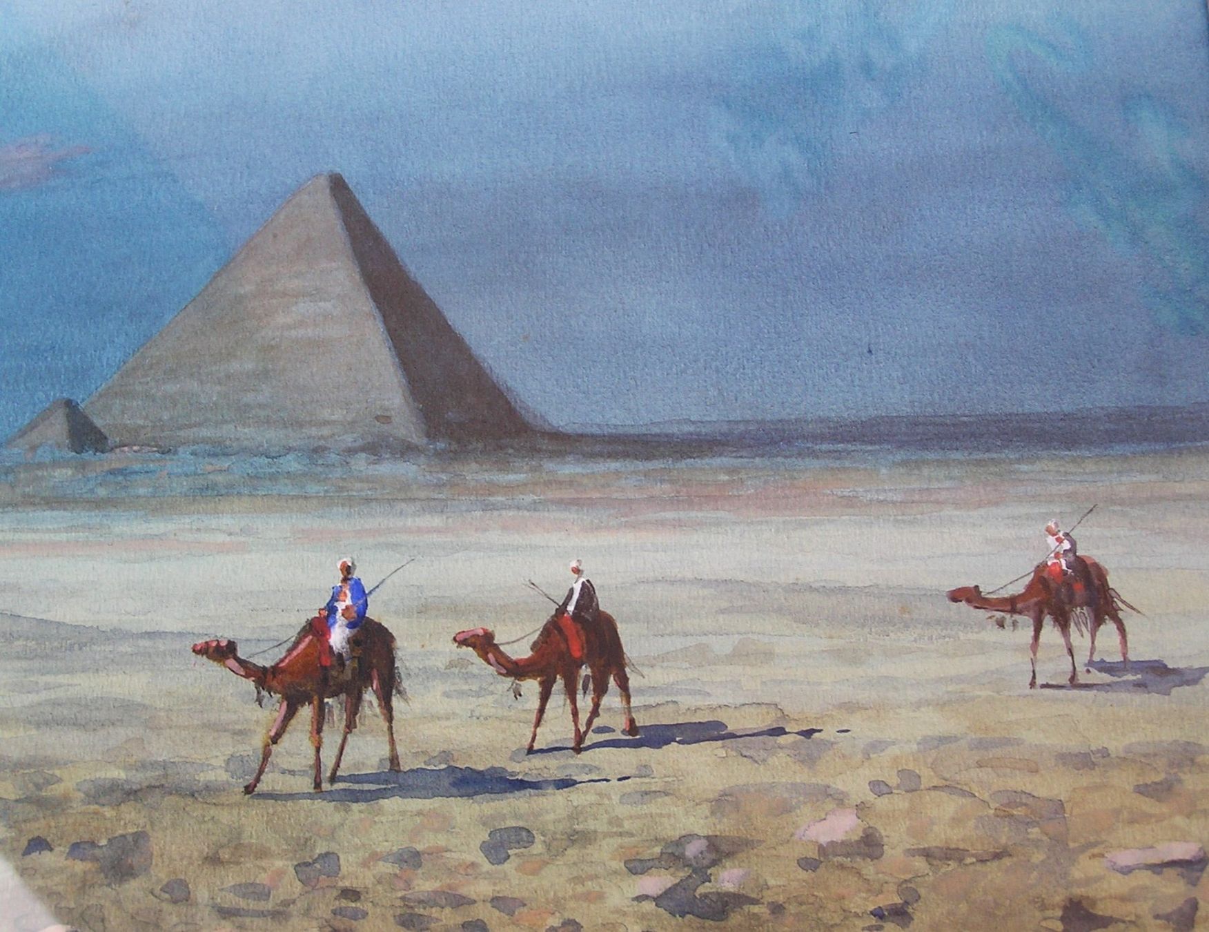 Dipinti: ORIENTALIST E. MARCHETTINI AQUARELL PYRAMIDEN KAMELREITER – Usato da Grenchen venduto da Antique-hunter 2