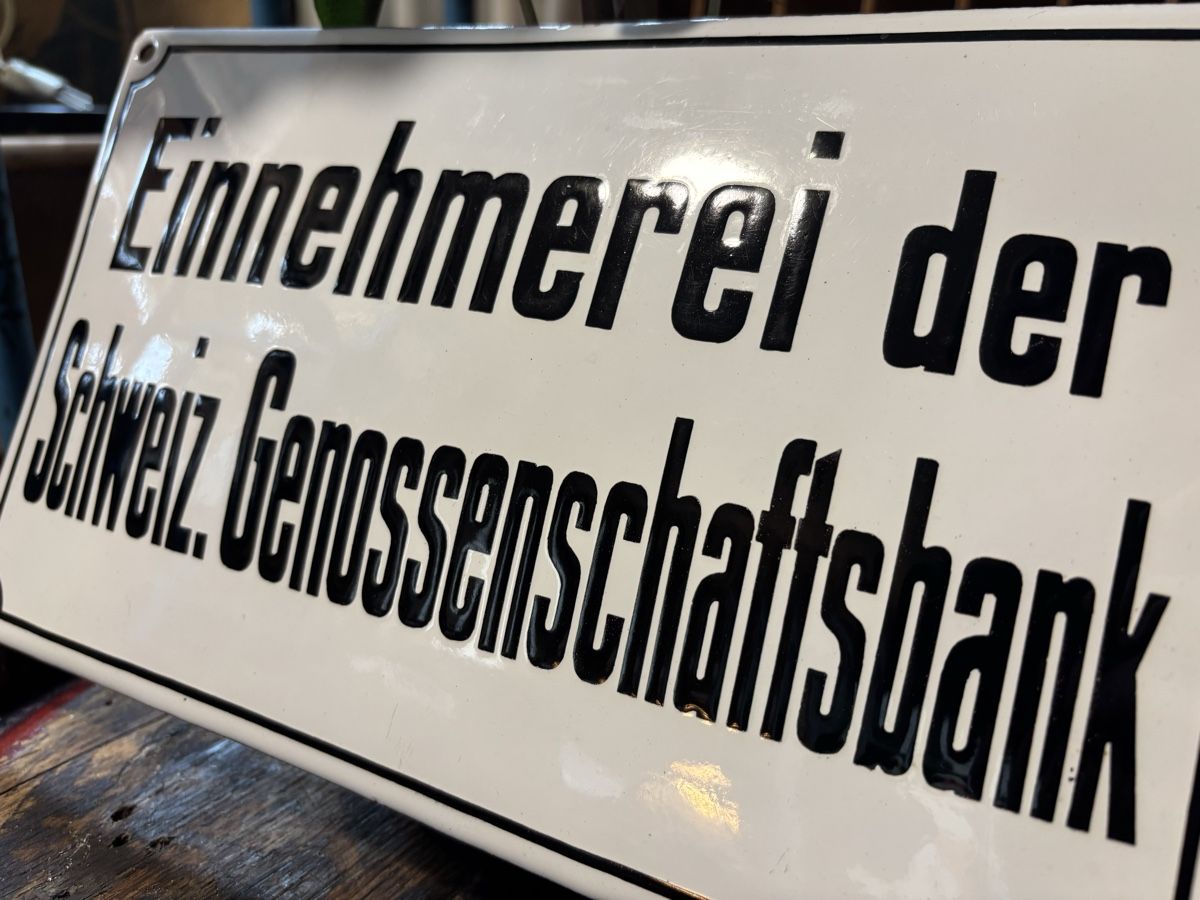 Schilder: Emailschild, Einnehmerei der schweiz. Genossenschaftsbank – Gebraucht aus Staufen von timelessvintage 2