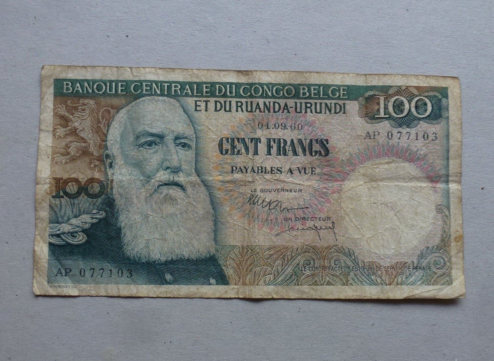 Banknoten: Congo Belge ++ 100 Francs 1960 – Gebraucht aus Walkringen von Casablanca777