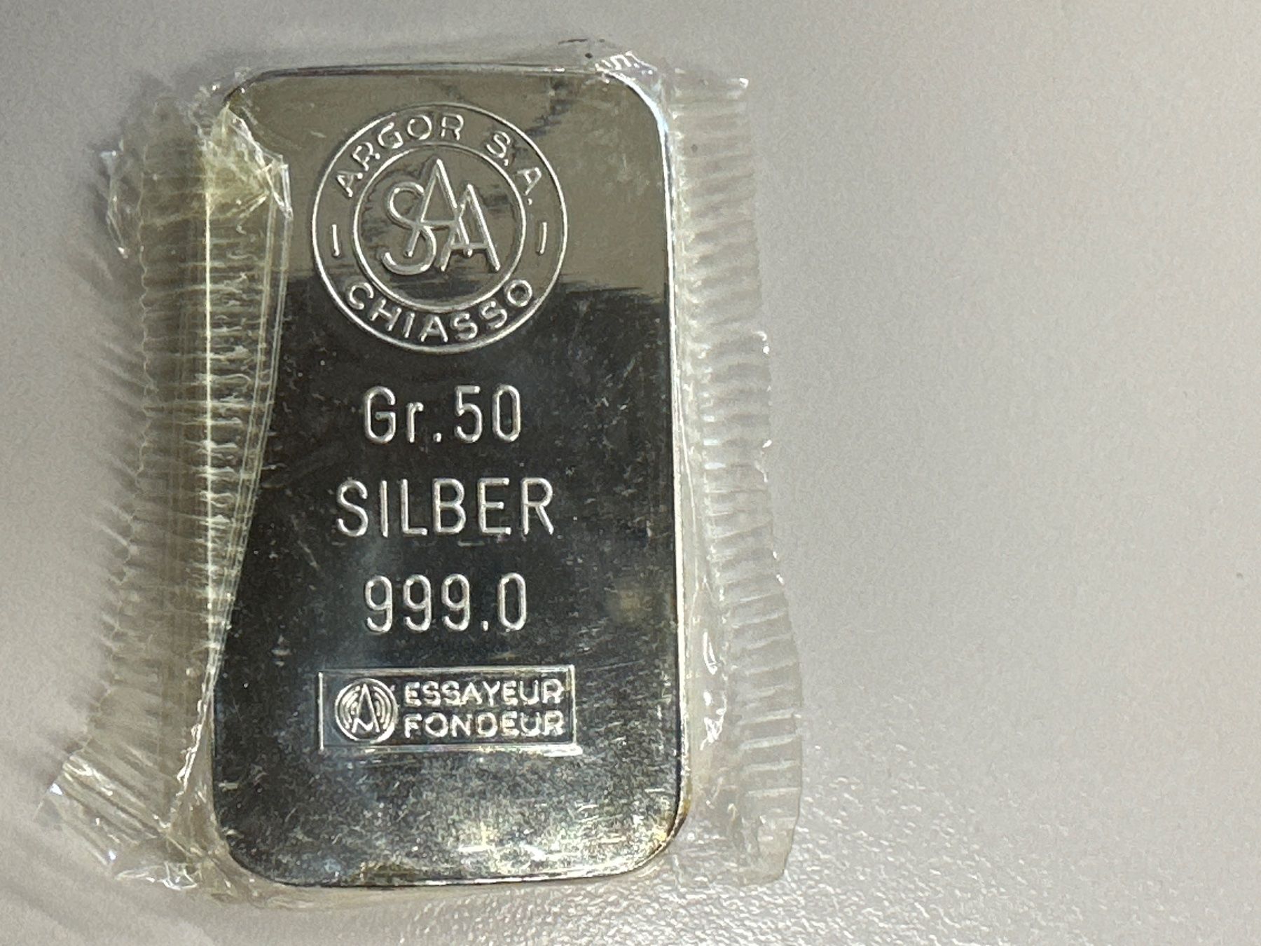 Edelmetalle: 50g Silberbarren ARGOR S.A. – Neu und originalverpackt aus Herisau von herau
