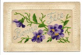 Seidenkarte - gestickt - Bonne Fête - Blumen-Motiv - um 1910