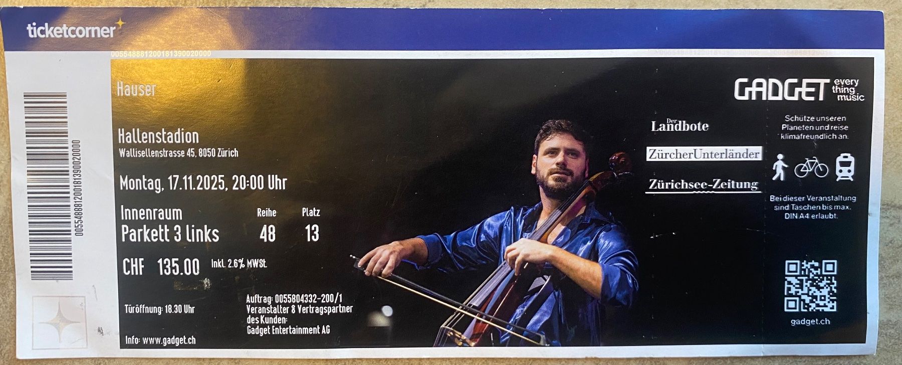 Hauser Concert Ticket - Zurich Hallenstadion 17.11.2025 (Neu (gemäss ...