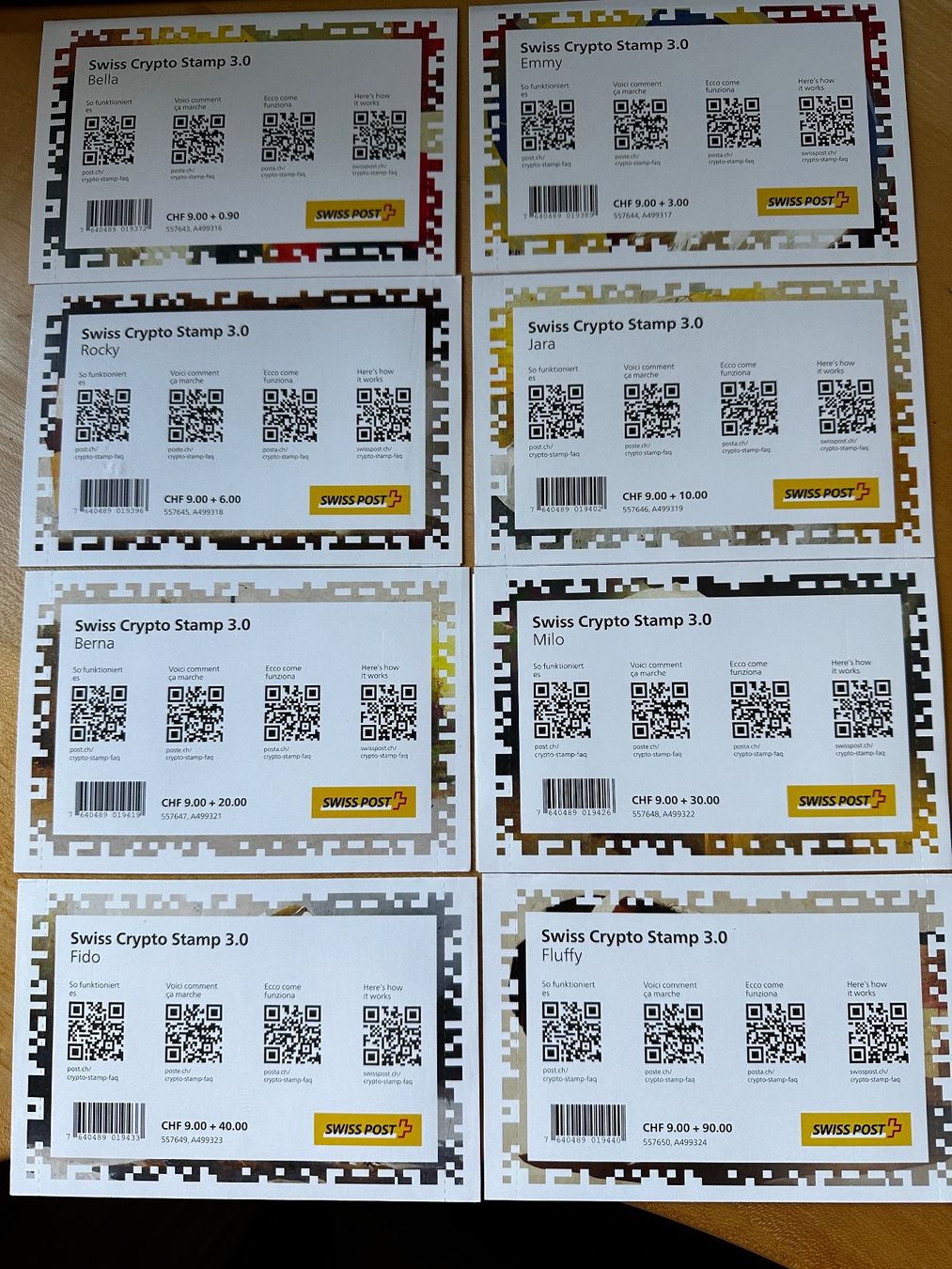 Tutti i francobolli: Swiss Crypto Stamps 3.0 ID1 - ID8 – Nuovo e nell'imballaggio originale da Birmensdorf ZH venduto da Broesli