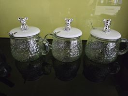 3er Set Honig-, Marmelade-Gläser mit Bär-Deckel & Löffel