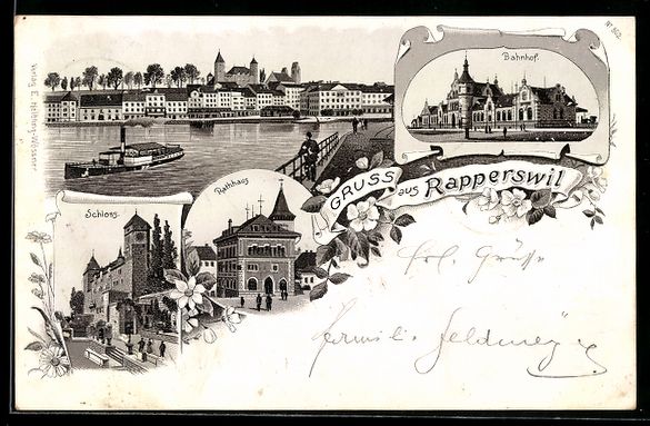 Cartoline postali: Litho Rapperswil, Ortsansicht, Bahnhof,  – Usato da Berlin venduto da bartko-reher