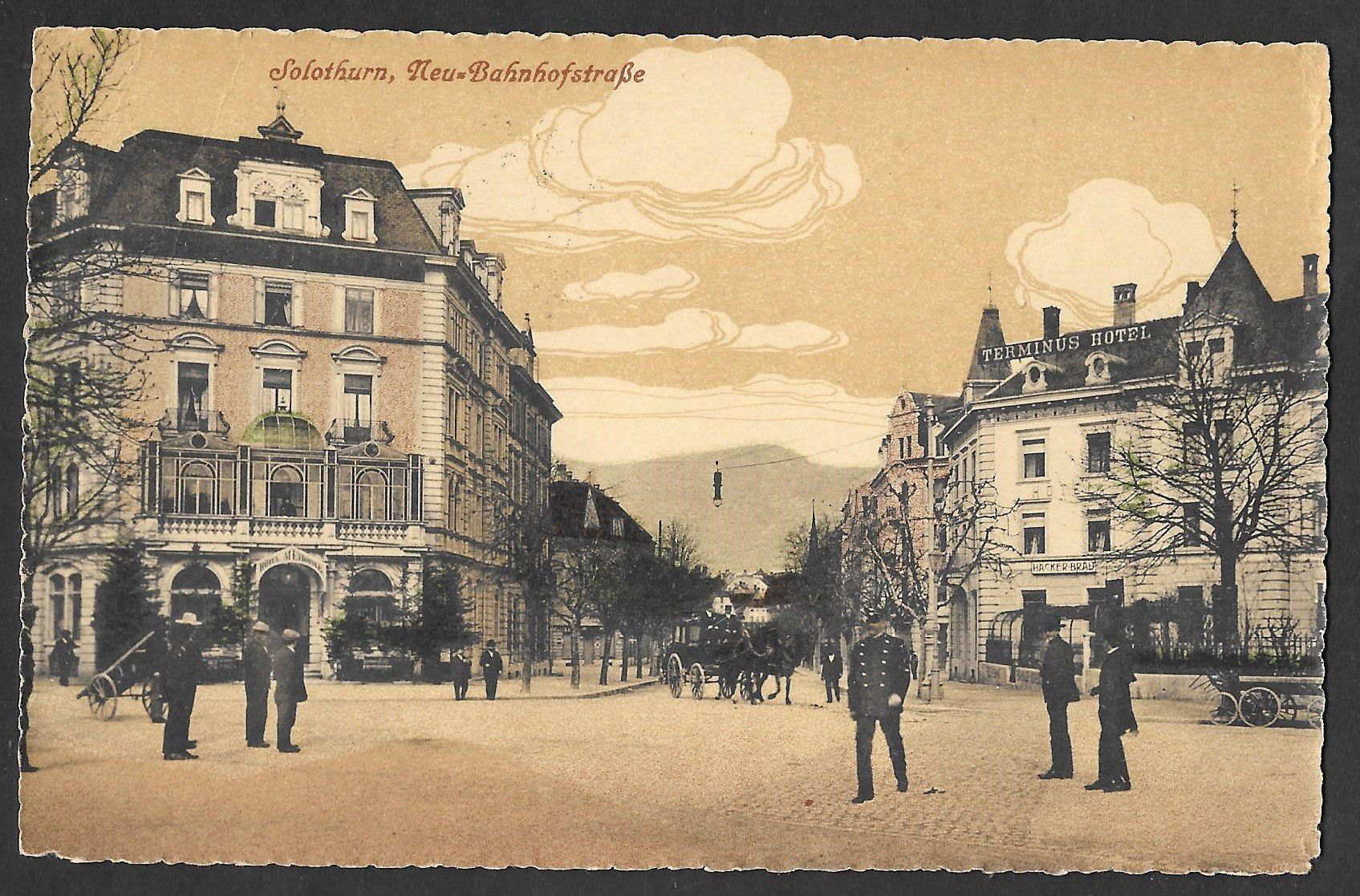 Cartoline postali: Solothurn Neue Bahnhofstrasse mit Hotel Terminus – Usato da Olten venduto da clotaldi