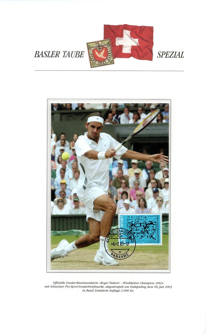 Tutti i francobolli: 2003 Maximumkarte Roger Federer Wimbledon Champion – Usato da Stein am Rhein venduto da Huehnerhund