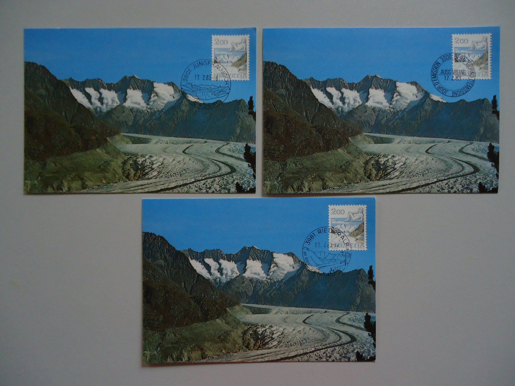 Cartoline postali: 3 Postkarten Aletschgletscher 1983 frankiert gestempelt – Nuovo (secondo la descrizione) da Belp venduto da Hefabe