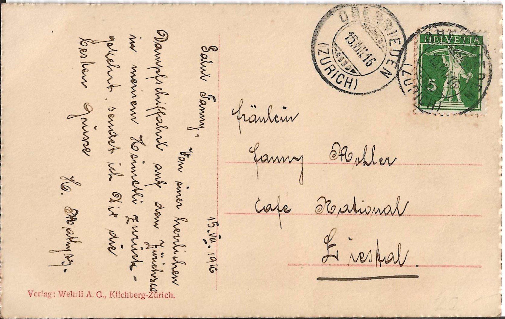 Cartoline postali: Karte Oberrieden 1916 – Usato da Zürich venduto da Philacat11 1