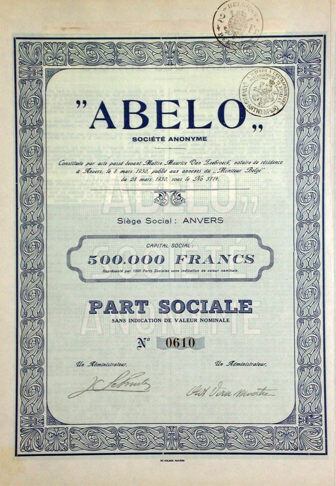 Documenti: ABELO SA, Anvers - 1930 – Usato da Solothurn venduto da Sgasche