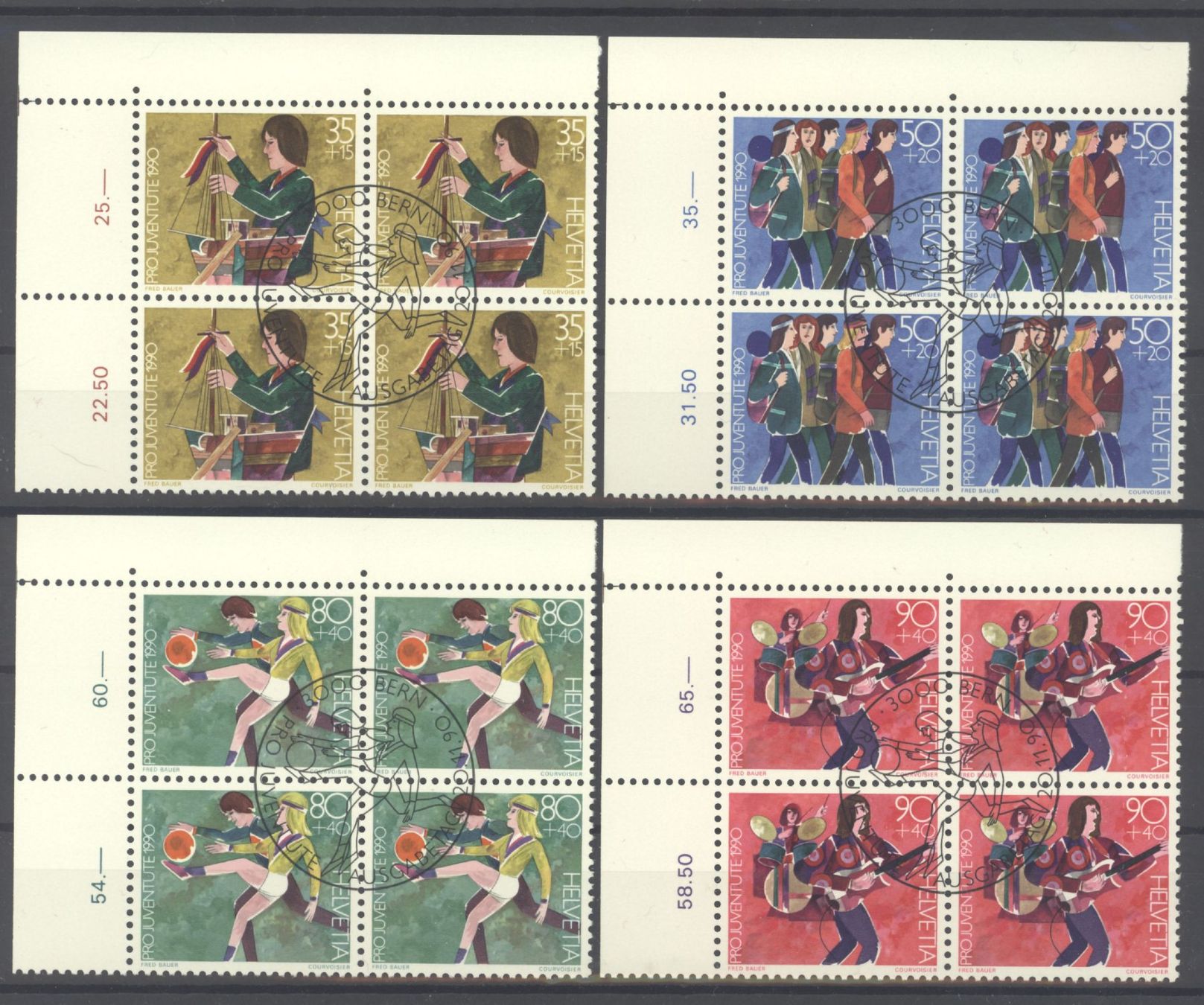 Alle Briefmarken: 1990, Pro Juventute, Viererblöcke, ET – Gebraucht aus Willisau von Vollstempel