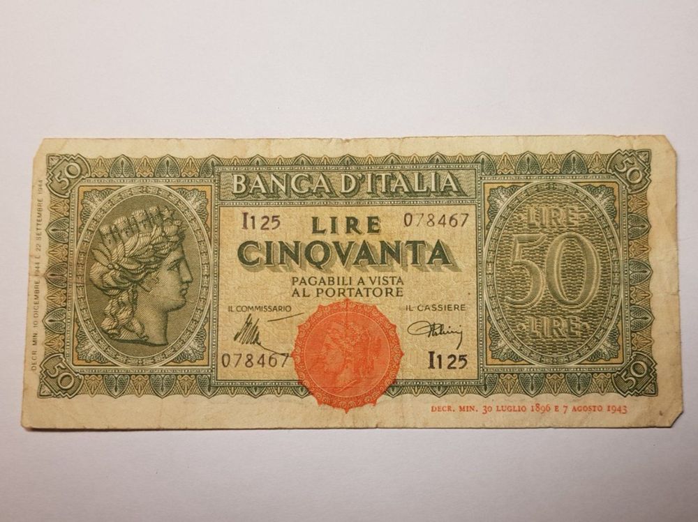 Banknoten Italien, 4 mal 50 Lire 1943 und 1 mal 10 Lire 1944 (Gebraucht ...