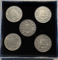 5x Schweizer 2 Franken Silbermünzen – Jahrgänge 1936, 1944, 