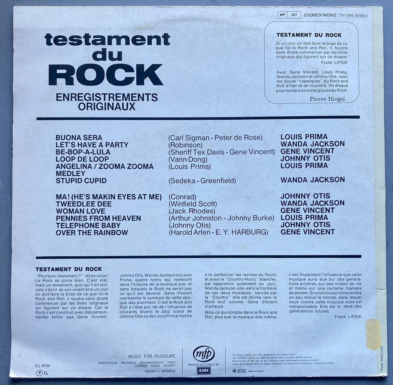 Dischi in vinile: DIVERS ARTISTES - TESTAMENT DU ROCK – Usato da Poliez-Pittet venduto da Newtown-Records 1