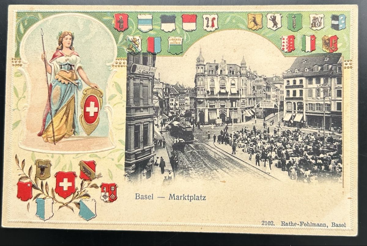 Cartoline postali: Prägekarte Basel Marktplatz  – Usato da Horw venduto da Tellbub