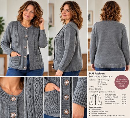 Strickjacke Damen grau Zopfmuster Grösse M 700 Herbst Winter