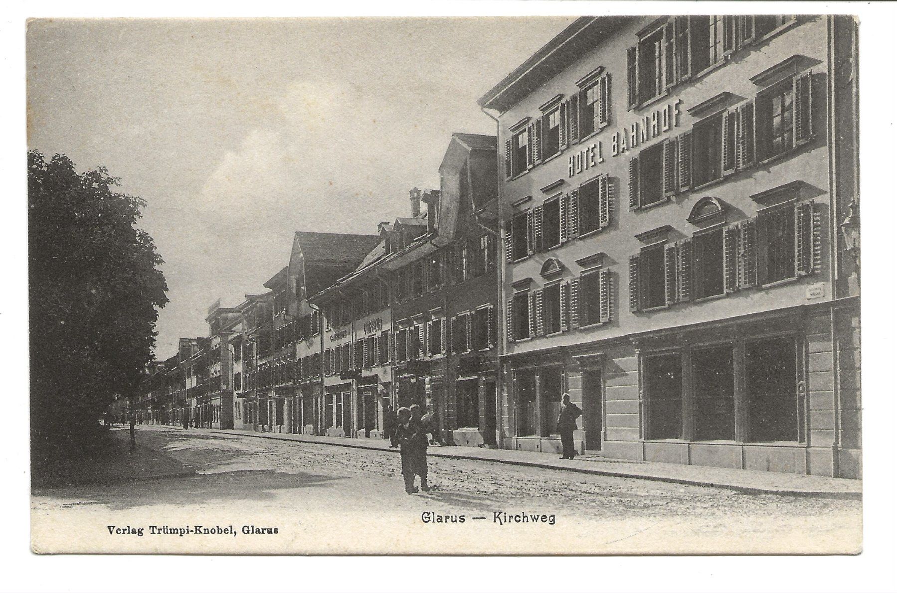 Ansichtskarten: Glarus - Stadt - Kirchweg - Hotel Bahnhof - 1908 – Gebraucht aus Engelburg von Cartophil