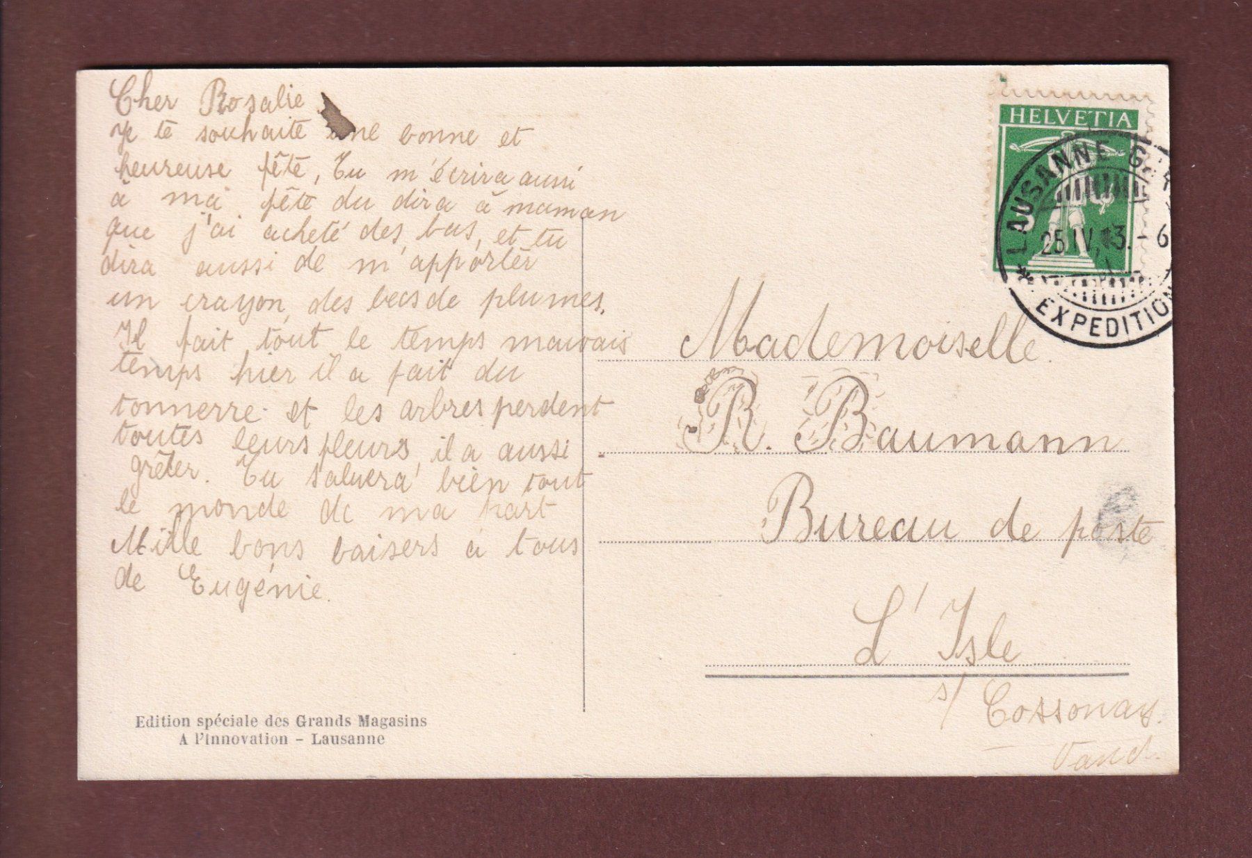 Ansichtskarten: LAUSANNE - La Poste - 1913 – Gebraucht aus Pully von nicecards 1
