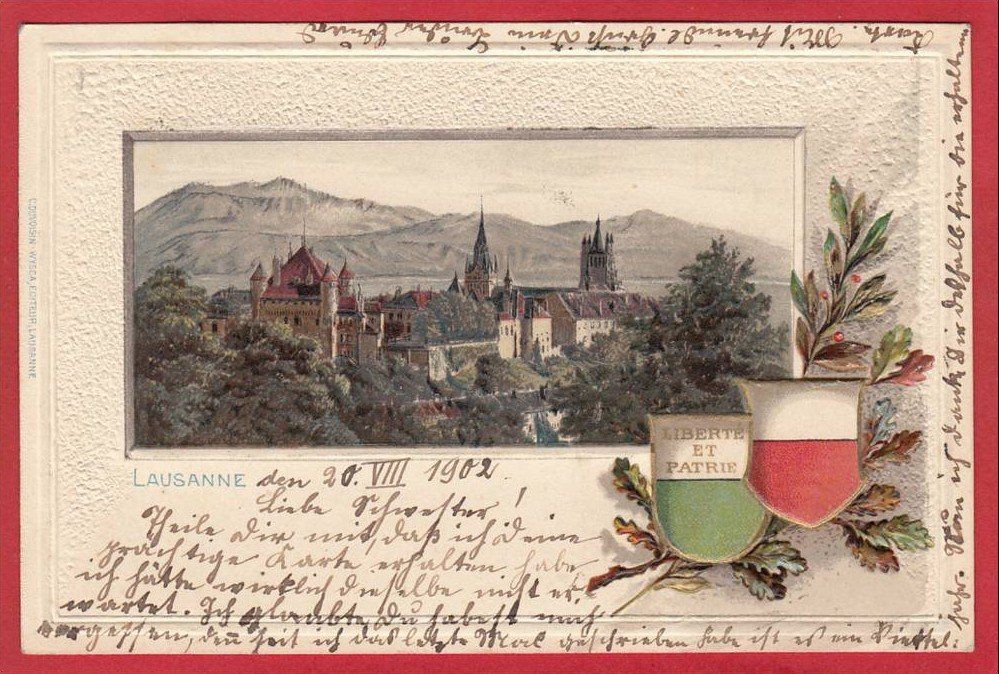 Cartoline postali: LAUSANNE LITHO, EN RELIEF, 1902 – Usato da Grüningen venduto da Kartenlaube