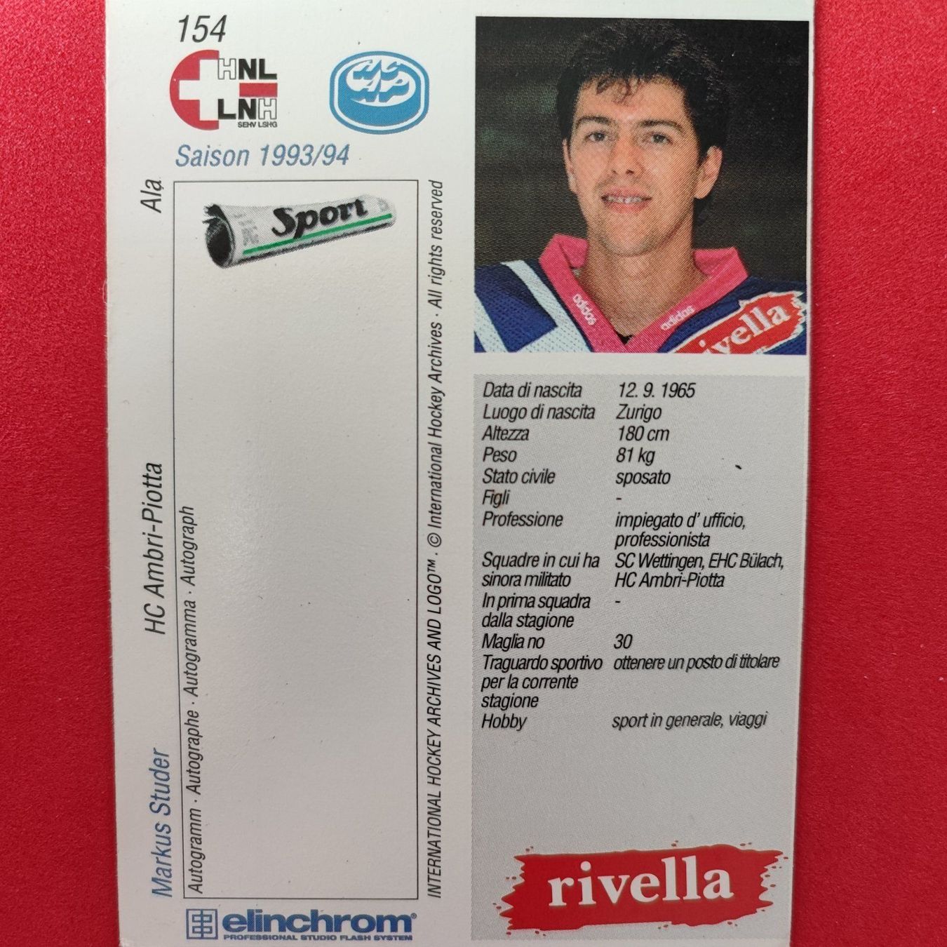 Carte collezionabili: Markus Studer - HC AMBRI - 1993/94 – Usato da Dübendorf venduto da kb86_MOVIE 1
