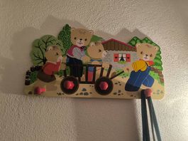 Vintage Kindergarderobe aus Holz  Bärenmotiv (4 Haken)