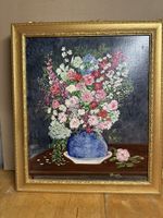 Huile sur toile encadrée signée . Bouquet d été au pot bleu