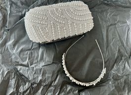 Brauttasche Clutch & Brautschmuck Haarreif Perlen & Silber