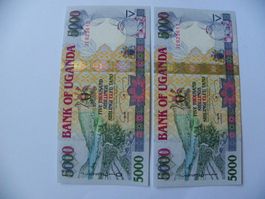 2x Uganda 5000 Schilling 2009, P-44, Fortlaufende Nummer,Unc