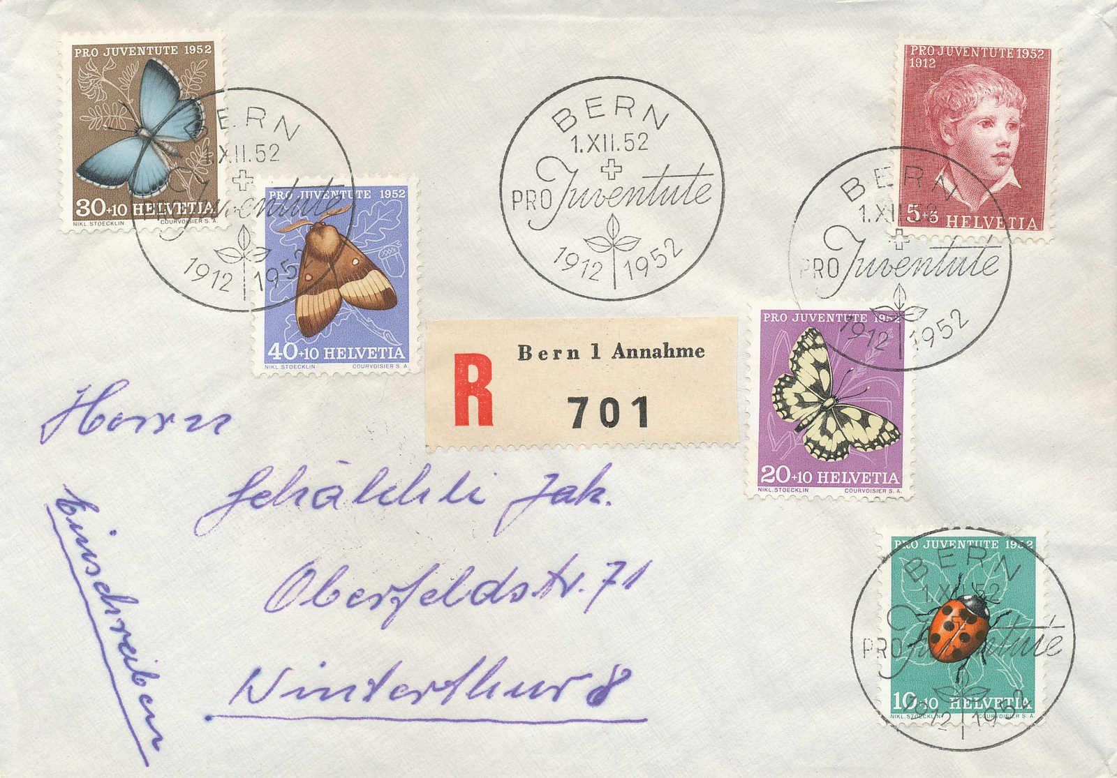 Tutti i francobolli: 1952, BERN, eingeschriebenes Satz-FDC nach Winterthur – Usato da Rheinfelden venduto da iamello