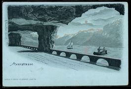 Mondschein-Lithographie Axenstrasse, Strassenbögen am See mi