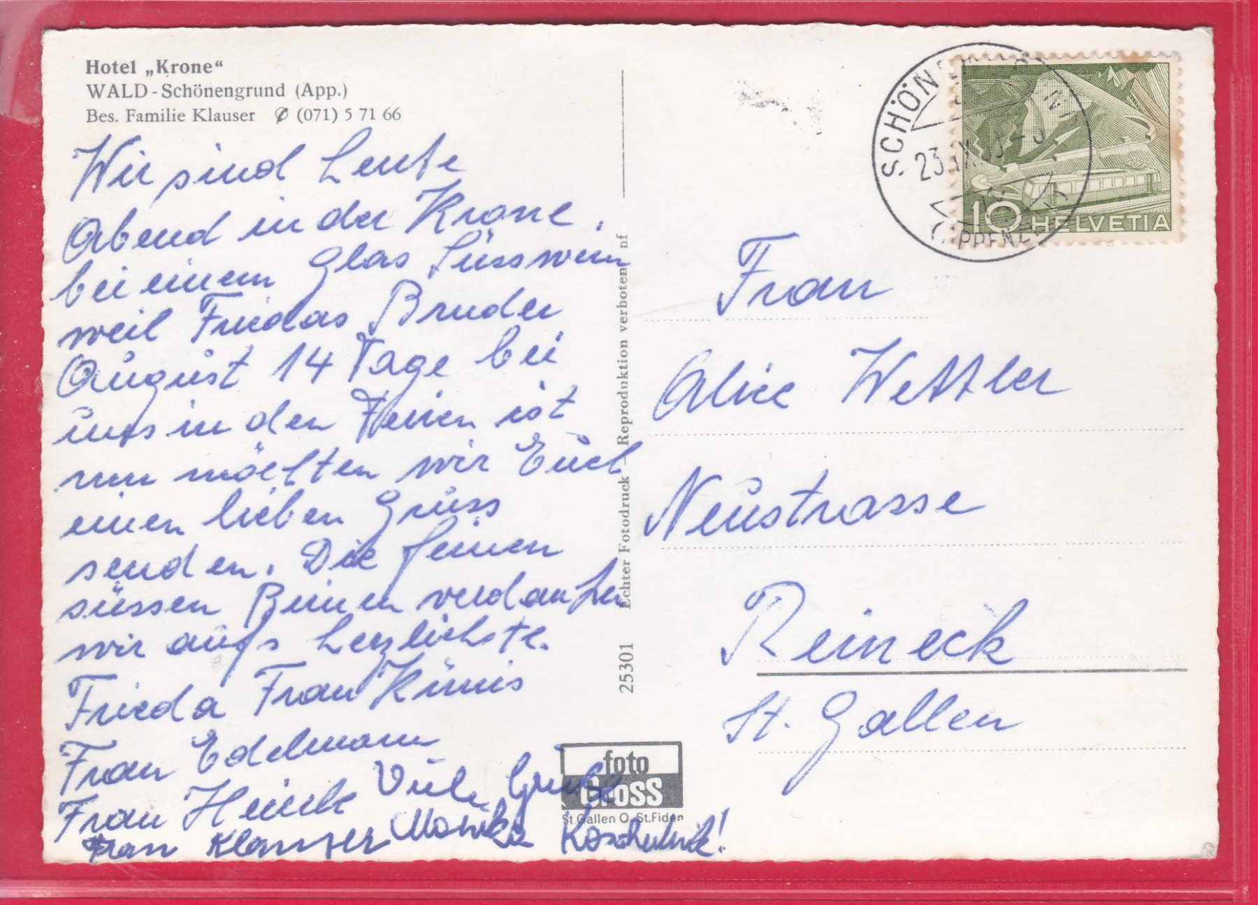 Cartoline postali: WALD-SCHÖNENGRUND, HOTEL KRONE, 23.9.1960 – Usato da Oberrieden venduto da Gebirgsstelze 1