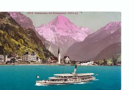 Flüelen mit Bristenstock, Urnersee, Dampfschiff Uri 1911
