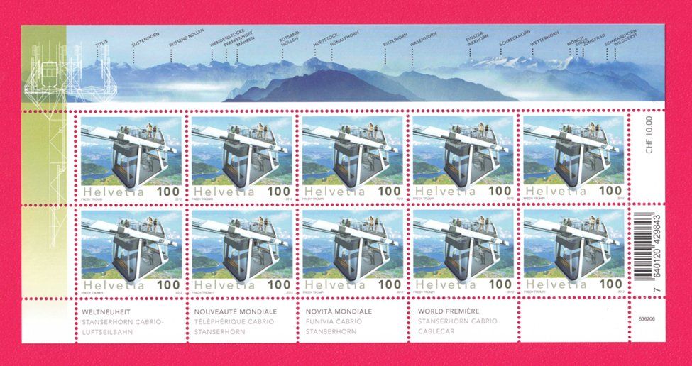 Tous les timbres: 2012, 1433, Sonderbogen, Cabrio Luftseilbahn, Postfrisch** – Neuf (Voir description) à Lupfig par lubor