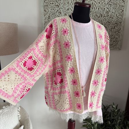 Peace n‘love Häkel Strickjacke + Shirt Offwhite rosa 