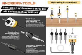 6-teiliges Kegelsenker-Bohrer-Set mit Tiefenanschlag HSS M2