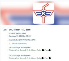 2 Tickets EHC Kloten – SC Bern 22.09.26 EHC-K Lounge Sek. D
