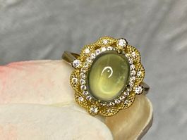 Prehinite Ring Goldig aus 925 Silber NEU verstellbar