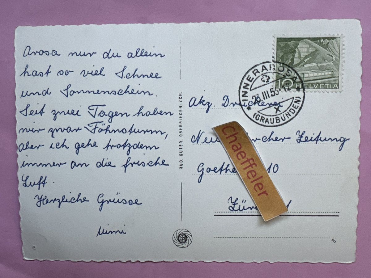 Cartoline postali: 1956  5225 Arosa – Usato da Zürich venduto da Chaeffeler 1