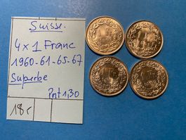 SUISSE : 4 X 1 FRANC 1960-1961-1965-1967-Superbe