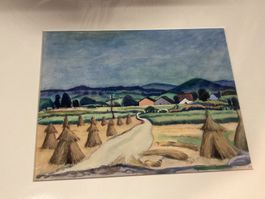 Altes Aquarell , Häuser Landschaft Erntezeit Vintage