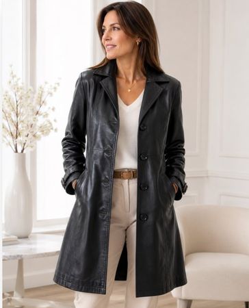 Essential Damen-Ledermantel schwarz 100 % Echtleder