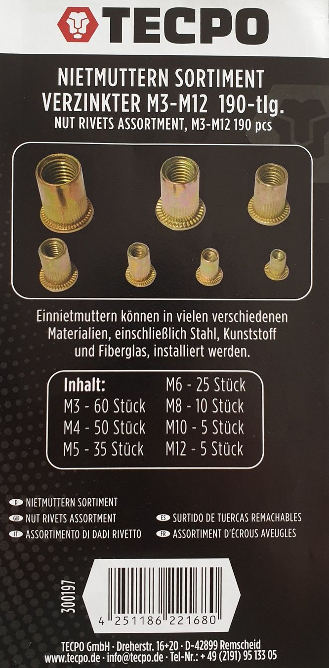 Tutti gli attrezzi: Nietmuttern Sortiment M3-M12, 190-teilig – Nuovo e nell'imballaggio originale da Perlen venduto da shelbycobra 4