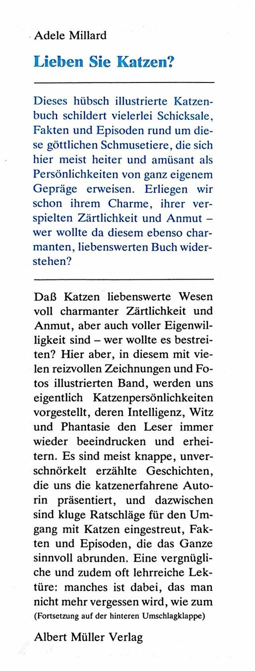 Livres: Millard Adele, Lieben Sie Katzen – Neuf (Voir description) à Sarnen par Livres 2